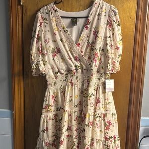 Taylor Cream Floral Midi Dress with Puff Sleeves